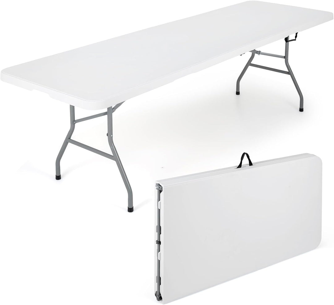 Giantex 8FT Folding Table | Heavy Duty Fold-in-Half Portable HDPE Plastic Table with Handle &amp; Locks