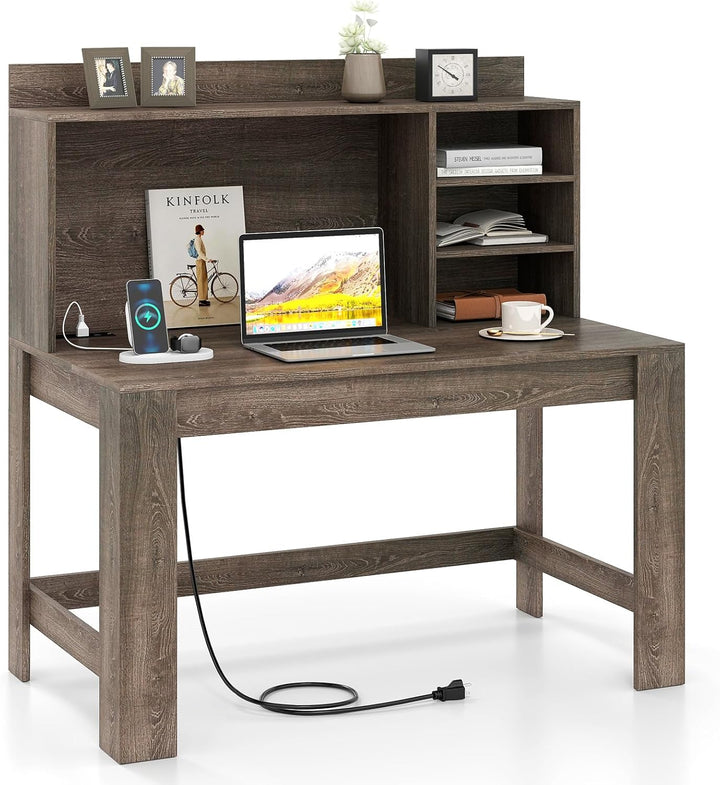 Giantex Computer Desk with Hutch, Modern Home Office Desk with Power Outlets, Storage Shelves & Cable Hole