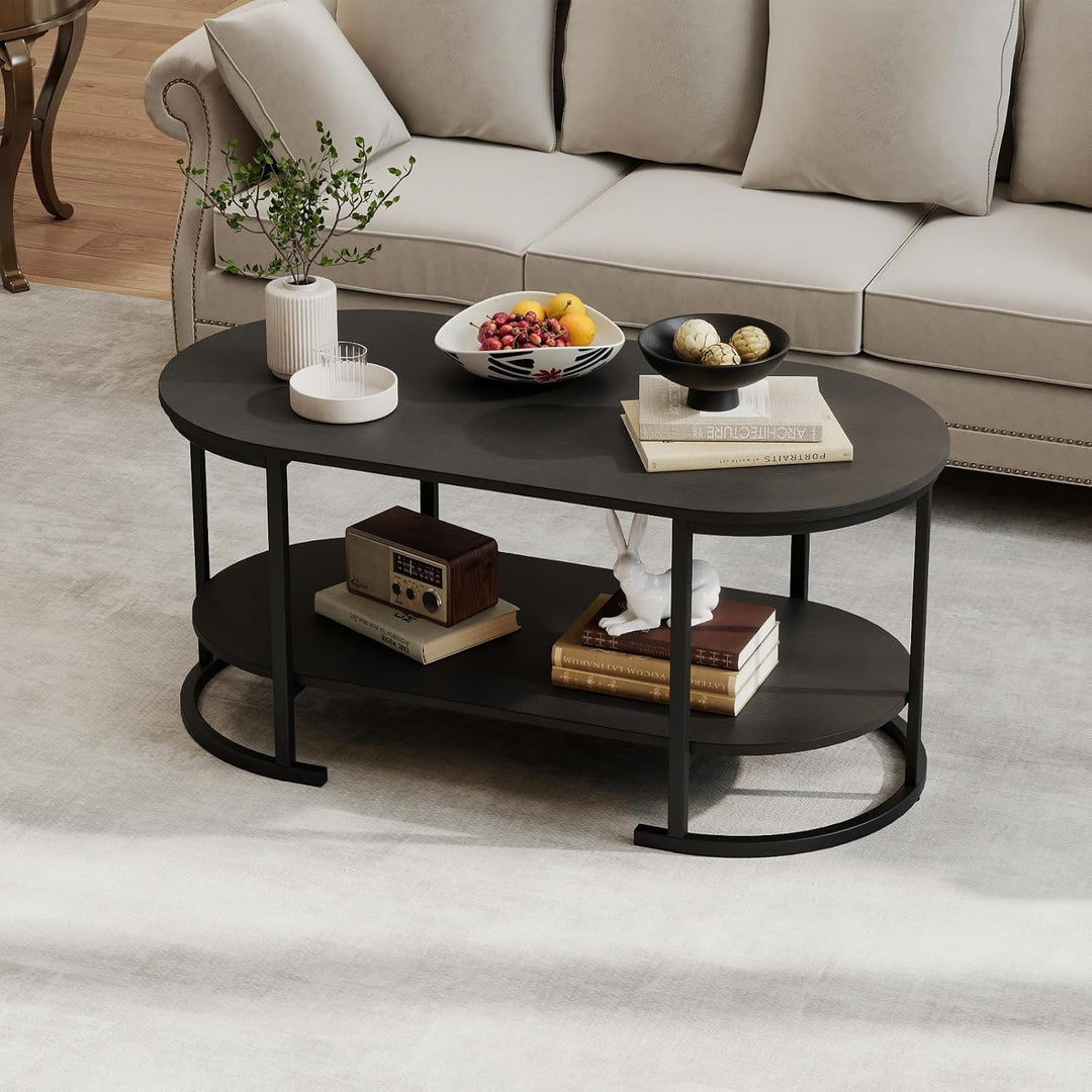 Giantex 2-Tier Coffee Table Oval Center Table with Wood Grain Top & Open Storage Shelf