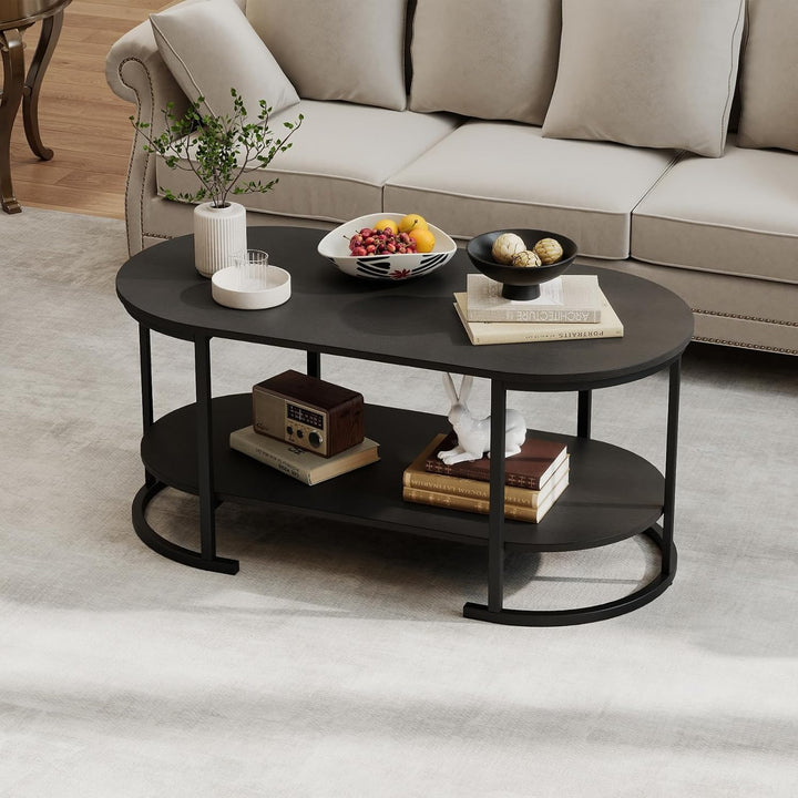 Giantex 2-Tier Coffee Table Oval Center Table with Wood Grain Top & Open Storage Shelf