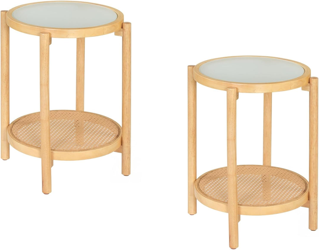 Giantex 2-Tier Boho Rattan Round Side Table w/Tempered Glass Top (1/2)