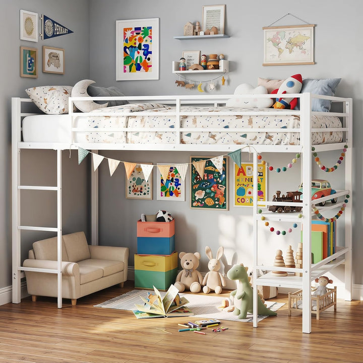 Giantex Low Loft Bed Twin Size Heavy Duty Metal Frame w/Storage Shelves