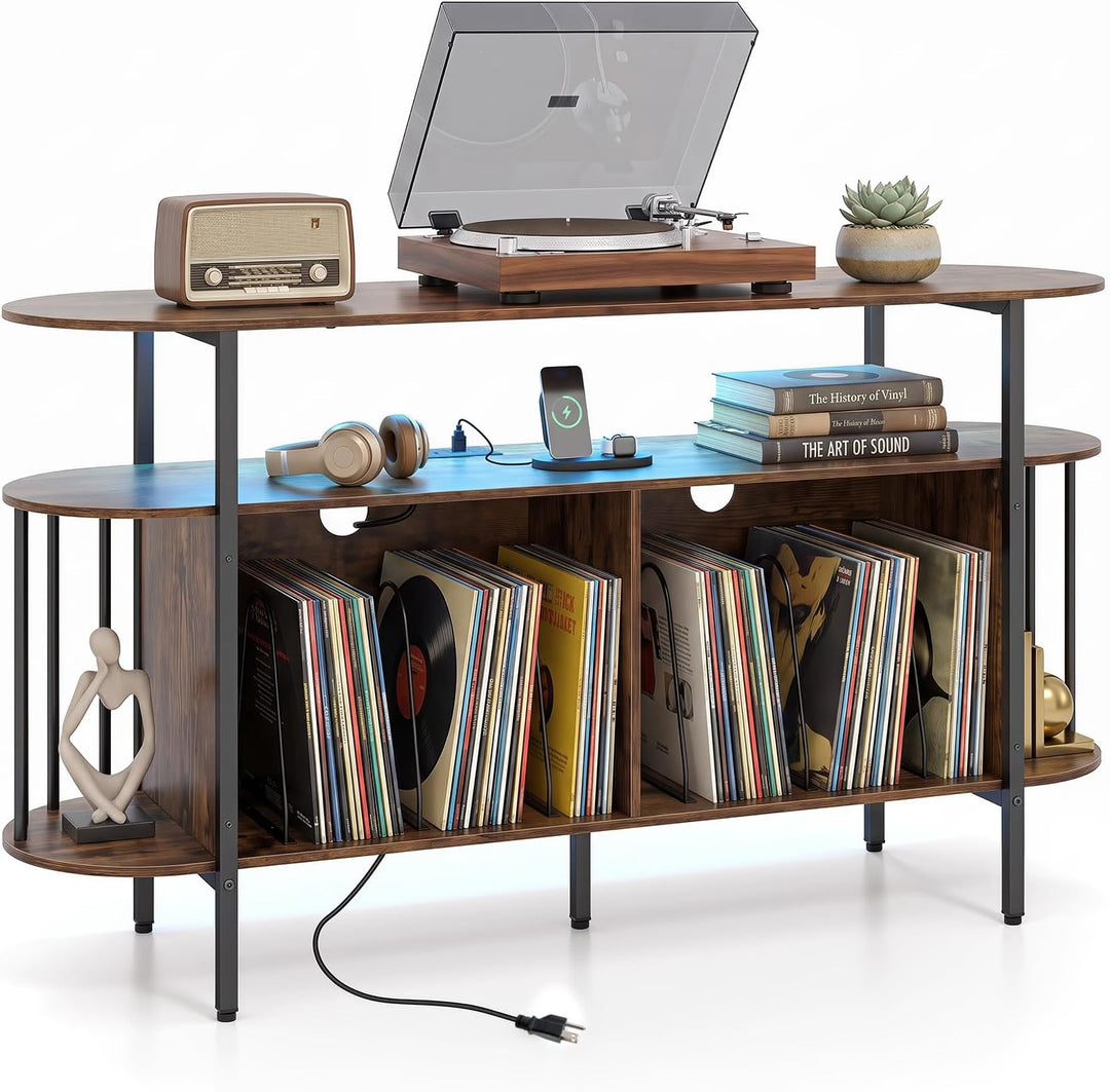 GIANTEX 3-Tier 55" Record Player Stand with LED Lights &amp; Power Outlets