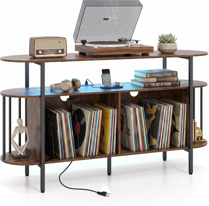 GIANTEX 3-Tier 55" Record Player Stand with LED Lights &amp; Power Outlets