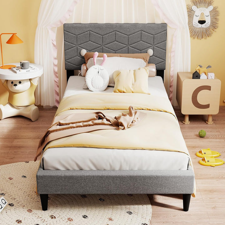 Giantex Upholstered Bed Frame Modern Platform Bed with Linen Fabric Geometric Headboard