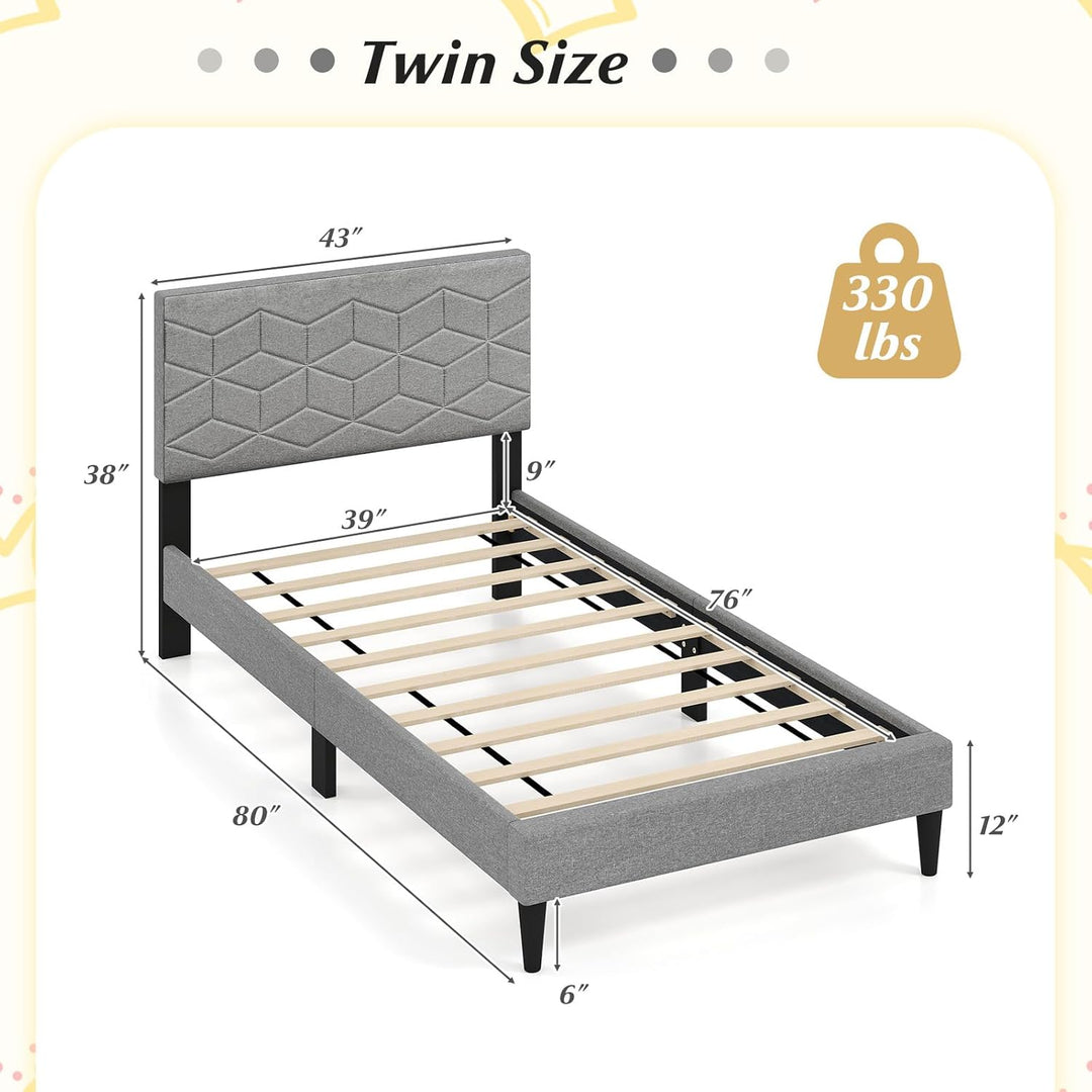 Giantex Upholstered Bed Frame Modern Platform Bed with Linen Fabric Geometric Headboard