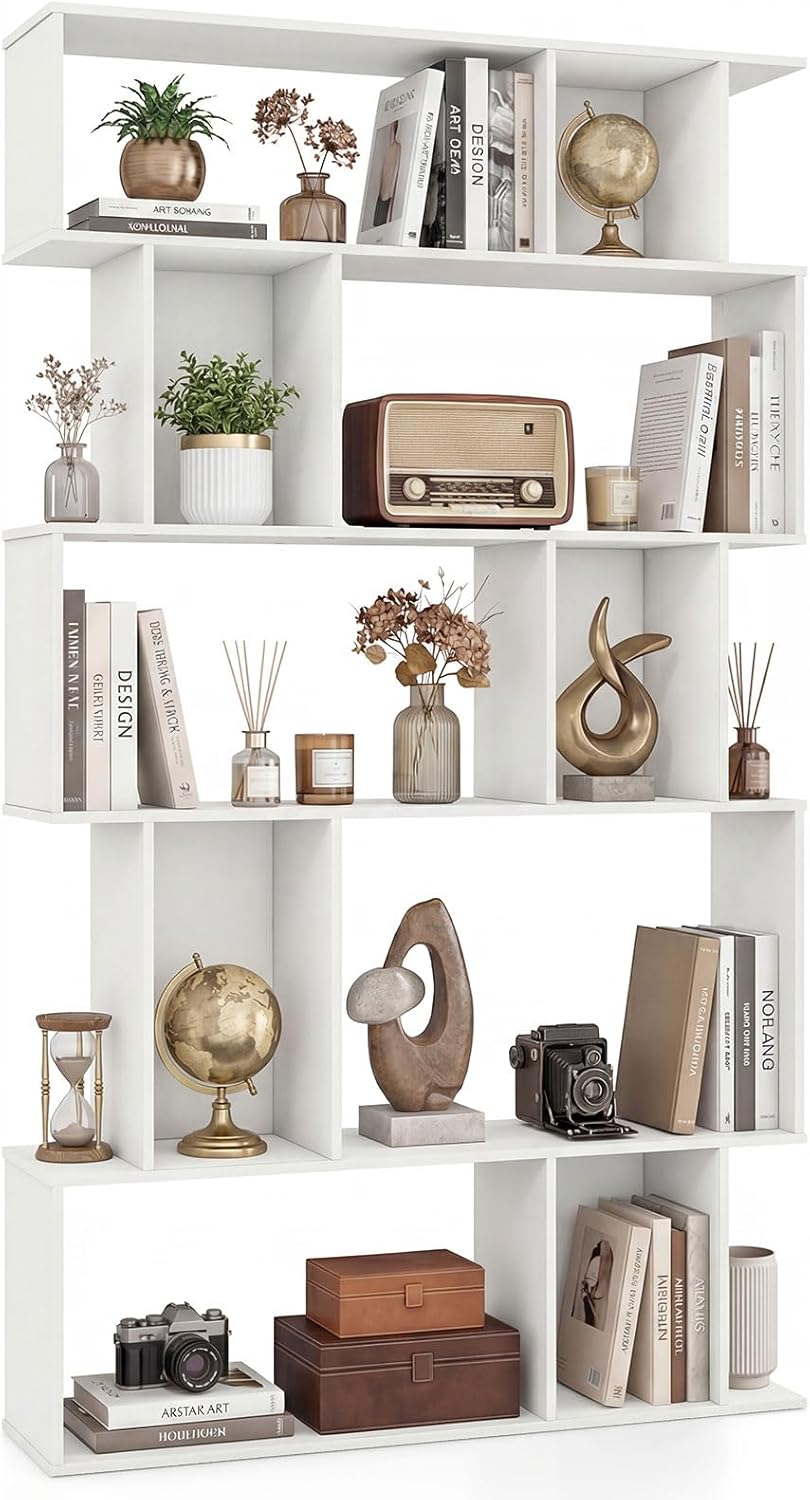 Giantex Geometric Bookshelf 5-Tier Bookcase with Open Shelves and Closed-back Cubes