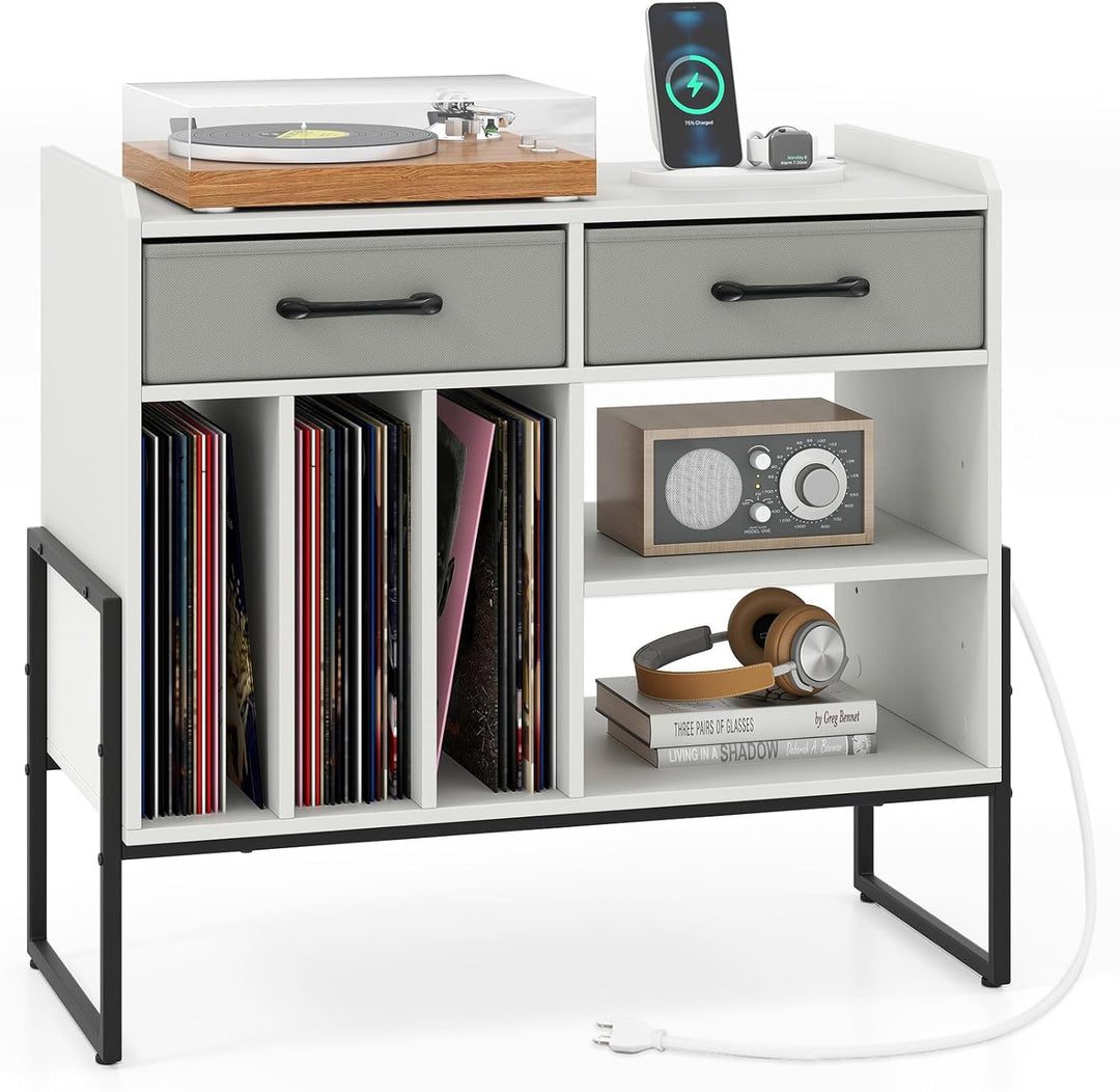 Giantex Large Record Player Stand with Charging Station Mid Century Modern Vinyl Storage Cabinet