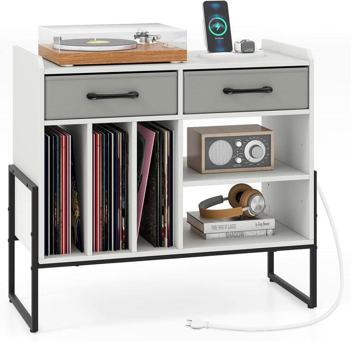 Giantex Large Record Player Stand with Charging Station Mid Century Modern Vinyl Storage Cabinet