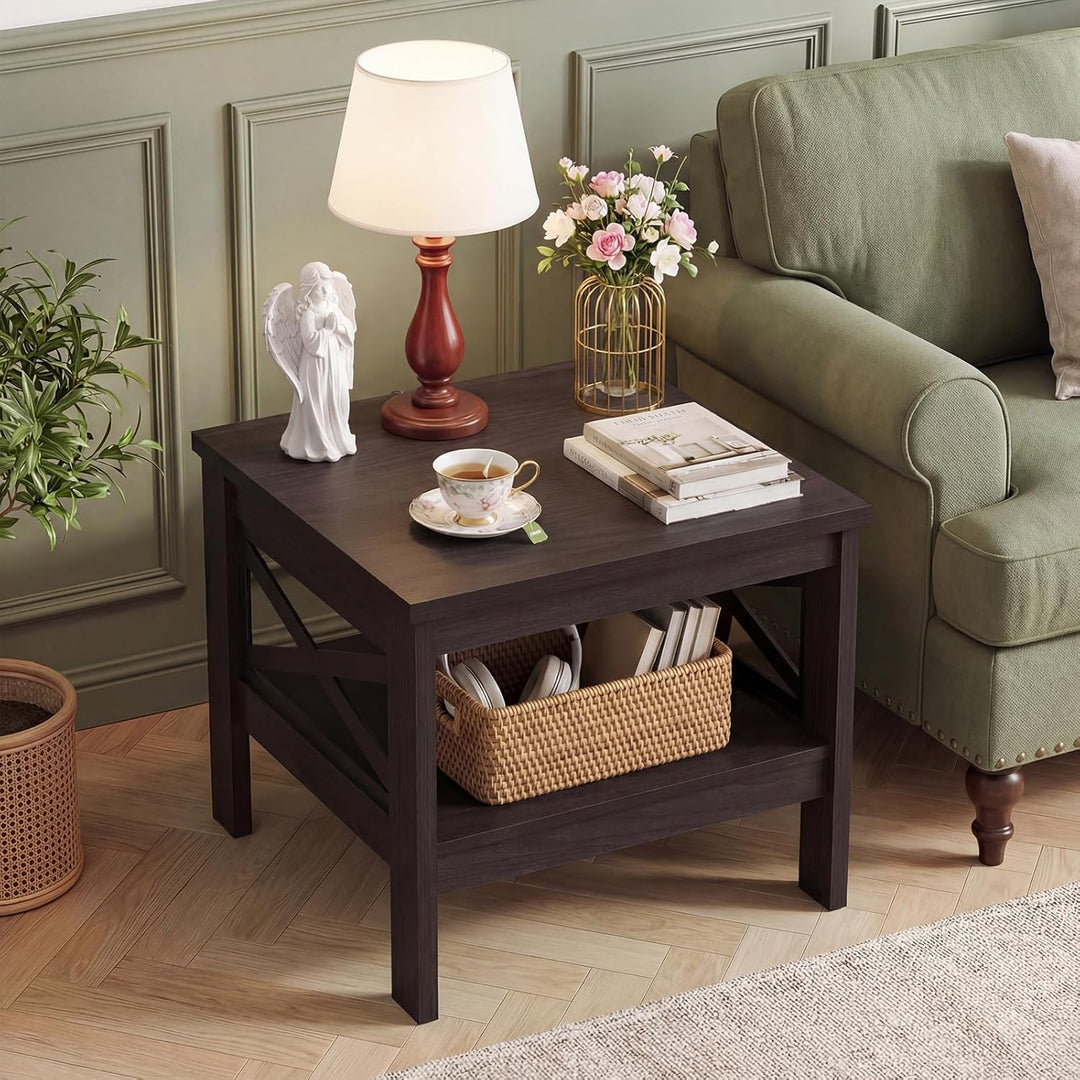 Giantex 2-Tier Square End Table with Storage Shelf &amp; X-Frame
