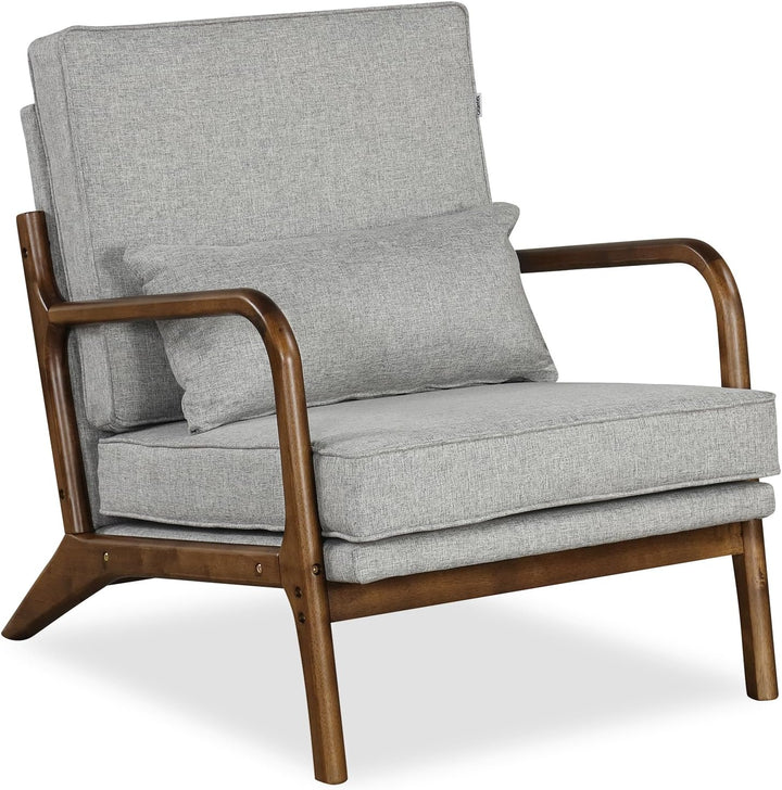 Giantex Mid Century Modern Accent Chair, Upholstered Armchair with Pillow, Rubber Wood Armrests & Legs