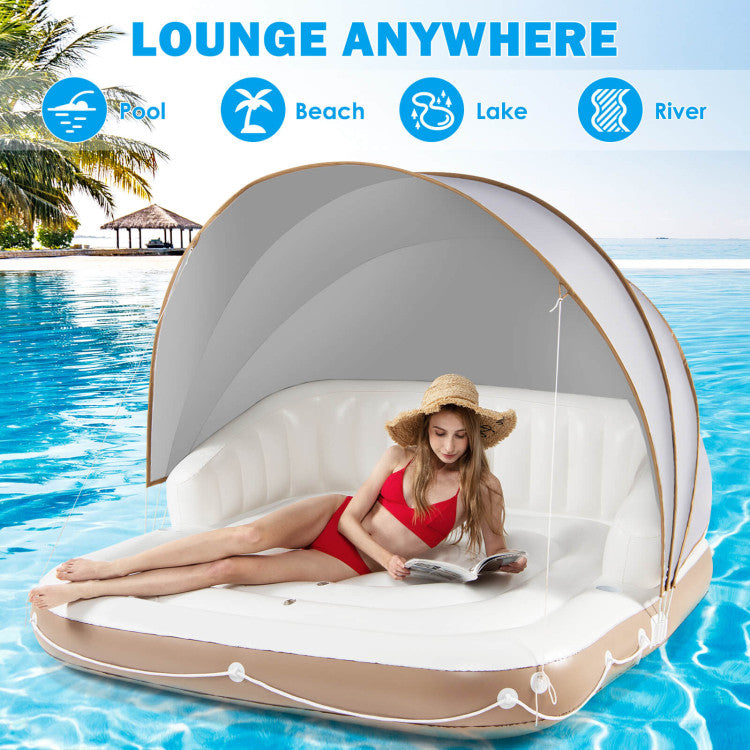 Giantex Canopy Island Inflatable Pool Float Comfortable Lounge Surface – Built-in Cup Holders – Detachable Sunshade – 440lb Max Weight Capacity