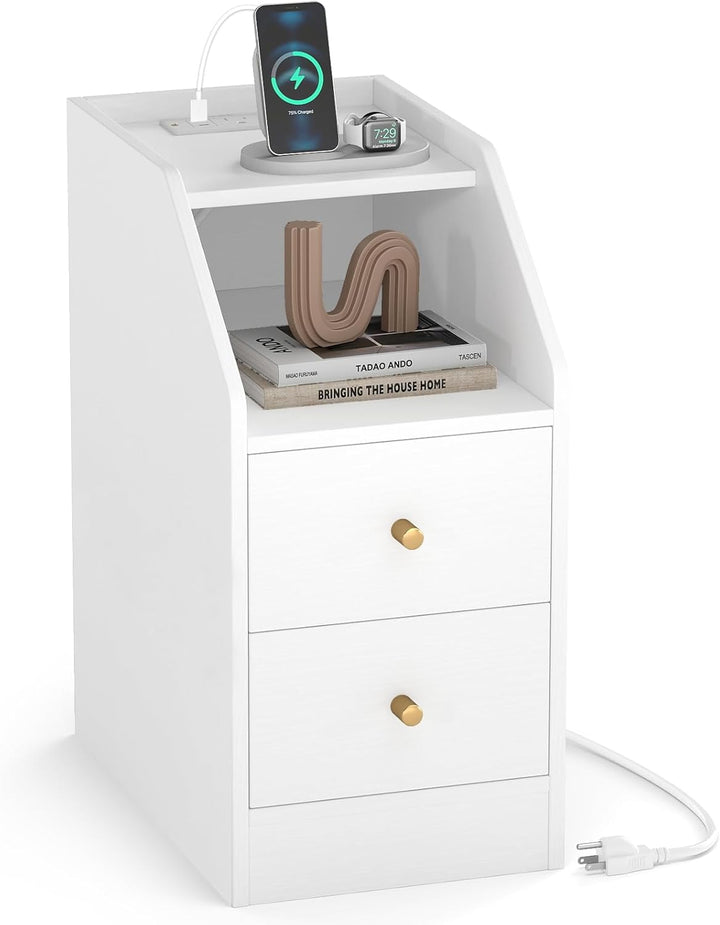 Giantex Side End Table with Charging Station Sofa Couch Table with Shelf Drawers