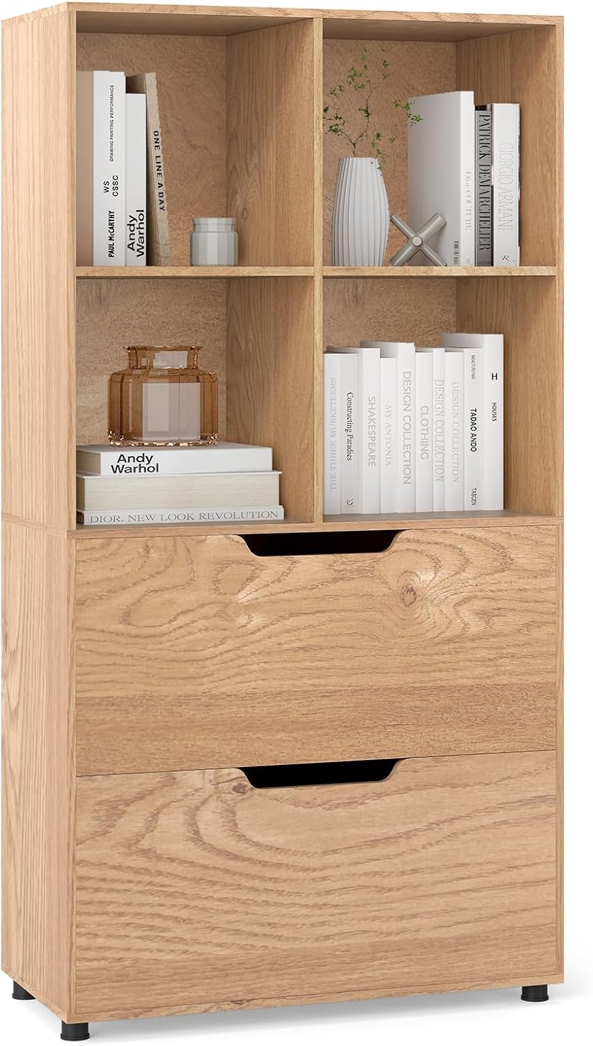 Giantex Bookshelf with 4 Cubes &amp; 2 Drawers 51” Tall Floor Bookcase with Anti-tip Kits