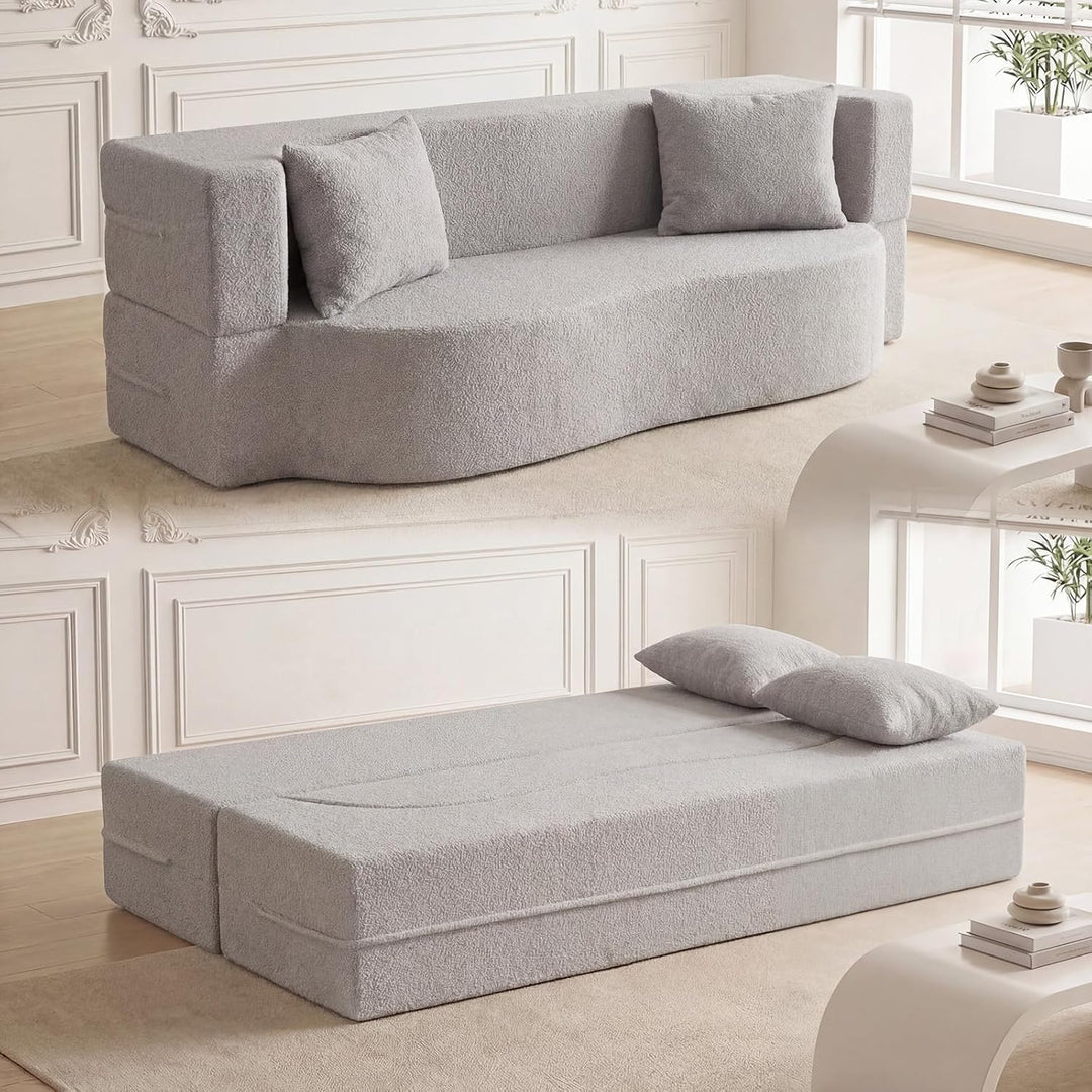 Giantex 75.5" Folding Sofa Bed | 2-in-1 Convertible Teddy Fleece Floor Loveseat with 2 Comfortable Pillows