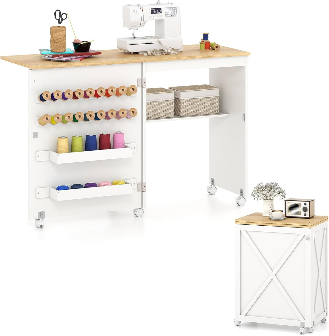 Giantex Folding Sewing Table - Farmhouse Sewing Machine Cabinet with Barn Door