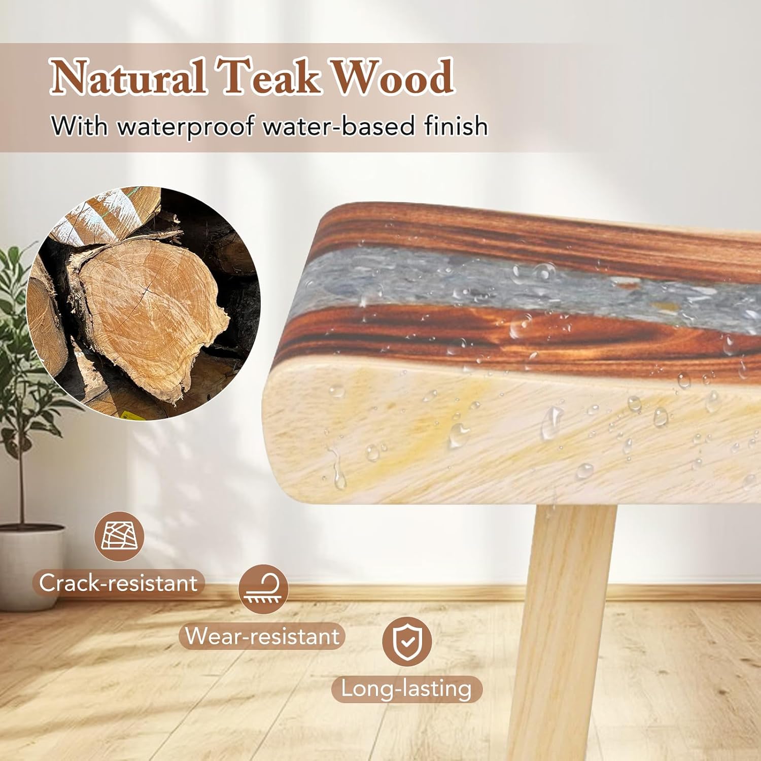 Giantex Teak Shower Bench, Fully Assembled Teak Shower Stool with Epoxy Resin Decoration and Curved Seat