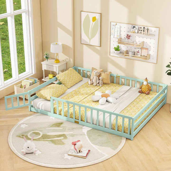 Giantex Floor Bed with Door & Fence Kids Wood Montessori Beds with Safety Guardrails