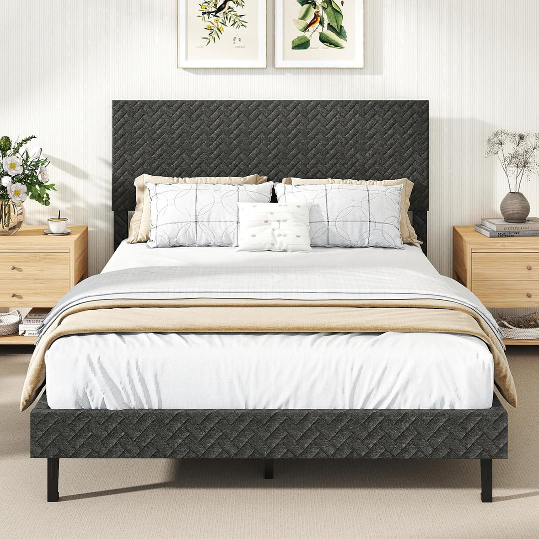 Giantex Bed Frame | Velvet Upholstered Platform Bed w/Height Adjustable Chevron Headboard