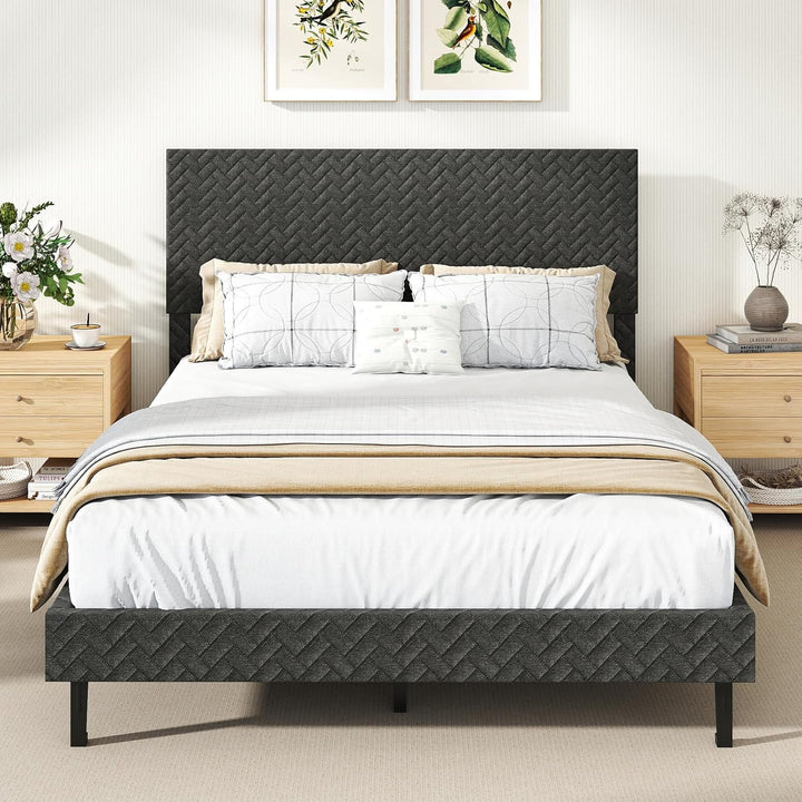 Giantex Bed Frame | Velvet Upholstered Platform Bed w/Height Adjustable Chevron Headboard