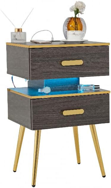 Giantex Nightstand with Charging Station & LED Lights, 28.5" Bedside Table with 2 Drawers