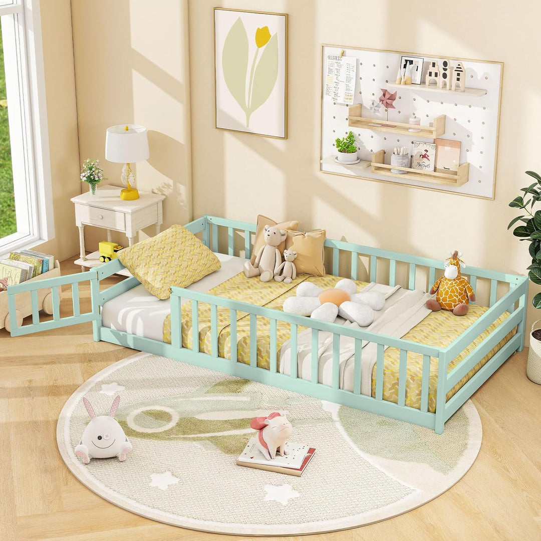 Giantex Floor Bed with Door & Fence Kids Wood Montessori Beds with Safety Guardrails