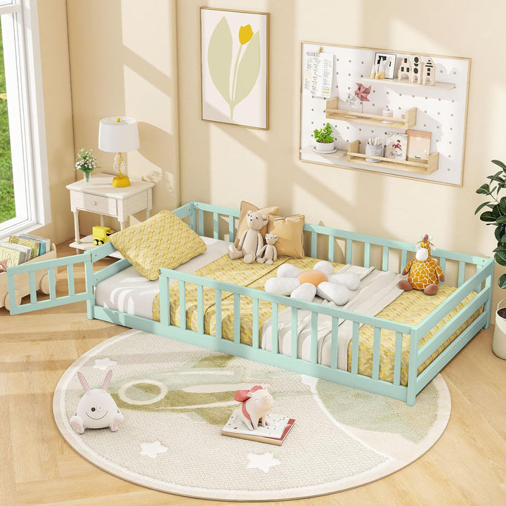 Giantex Floor Bed with Door & Fence Kids Wood Montessori Beds with Safety Guardrails