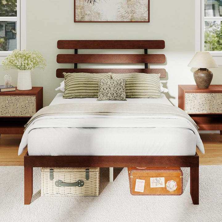 Giantex Platform Bed with Retro Headboard Mid Century Modern Bed Frame with Wood Slat Support