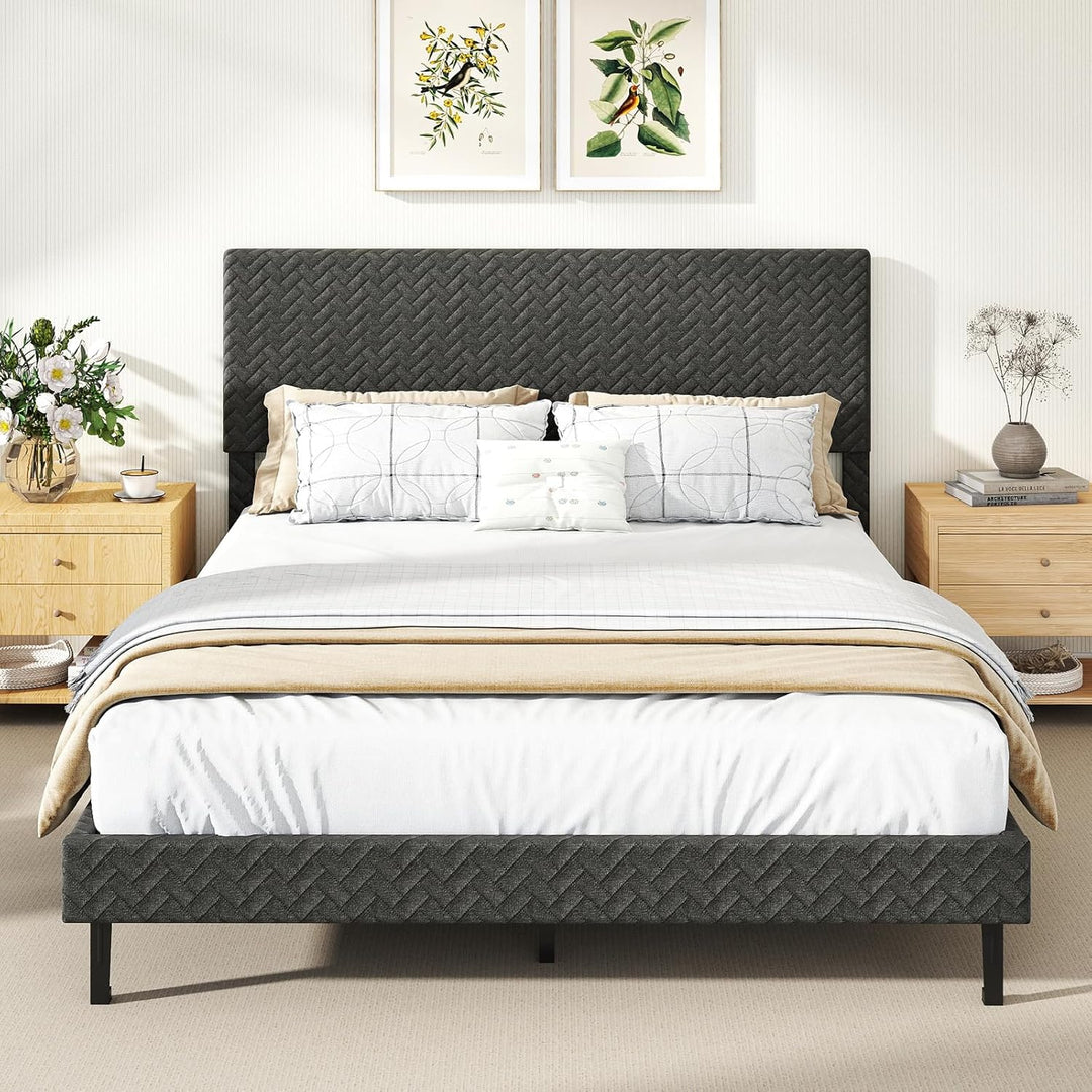 Giantex Bed Frame | Velvet Upholstered Platform Bed w/Height Adjustable Chevron Headboard