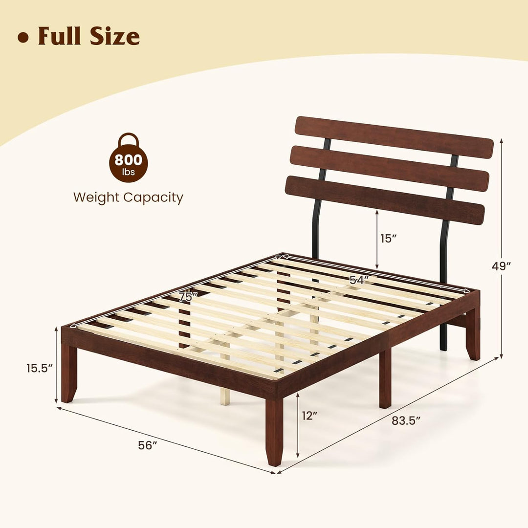 Giantex Platform Bed with Retro Headboard Mid Century Modern Bed Frame with Wood Slat Support