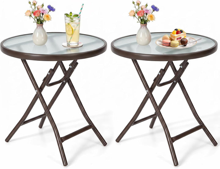 Giantex Round Folding Side Table w/Tempered Glass Tabletop &amp; Metal Frame (1/2)