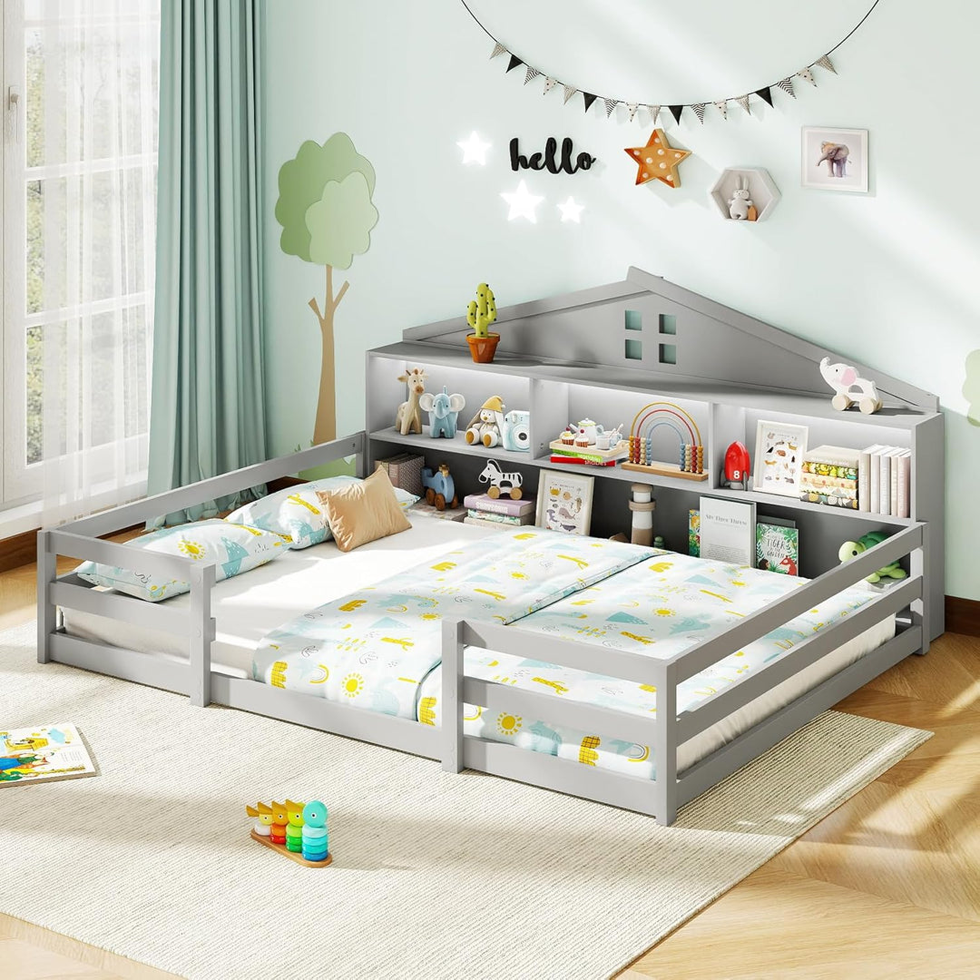 Giantex Montessori Floor Bed with LED Lights 2-in-1 Wooden House Bed Frame with Safety Guardrails