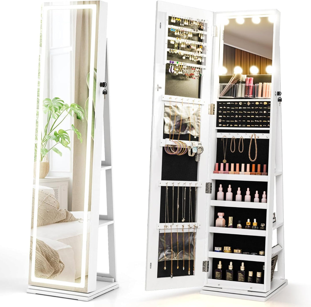 CHARMAID Swivel Jewelry Armoire with Full-Length Mirror & Lighted Makeup Mirror