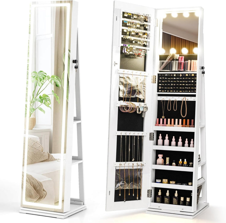 CHARMAID Swivel Jewelry Armoire with Full-Length Mirror & Lighted Makeup Mirror