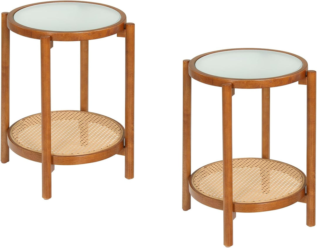 Giantex 2-Tier Boho Rattan Round Side Table w/Tempered Glass Top (1/2)