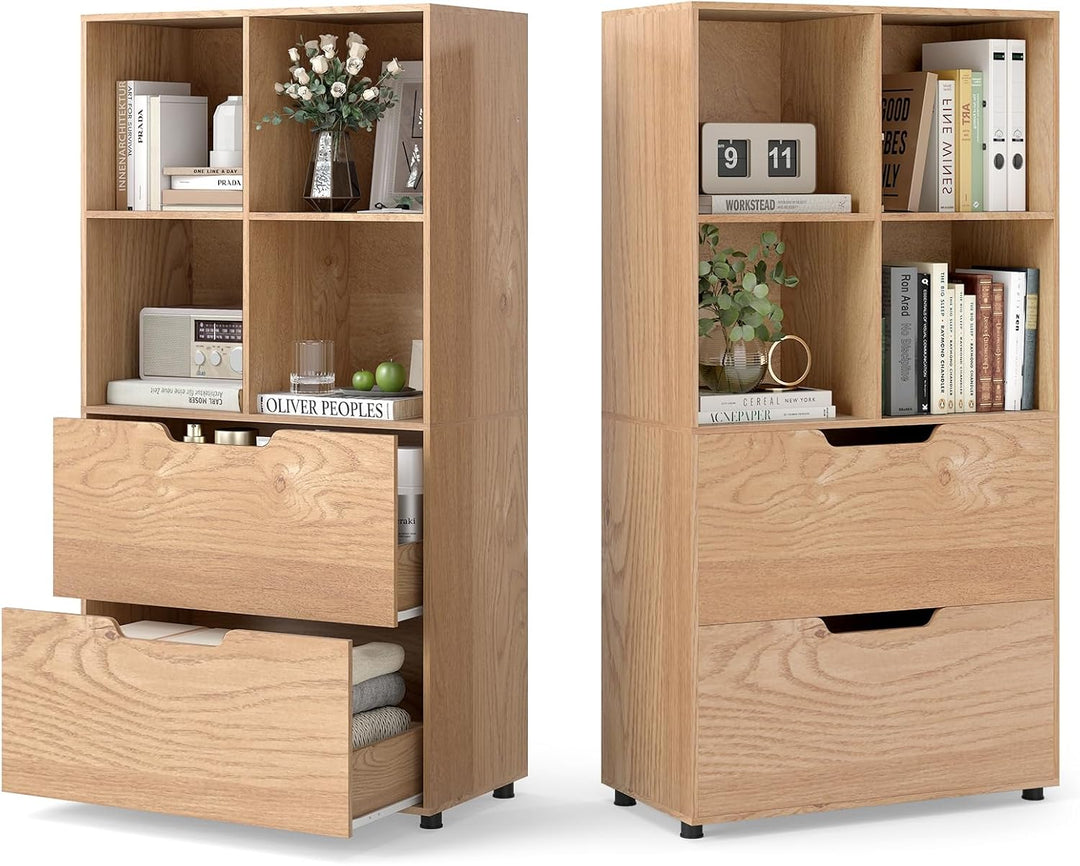 Giantex Bookshelf with 4 Cubes &amp; 2 Drawers 51” Tall Floor Bookcase with Anti-tip Kits