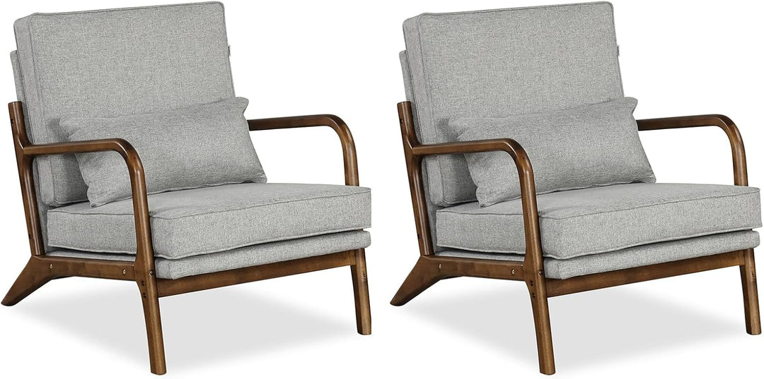 Giantex Mid Century Modern Accent Chair, Upholstered Armchair with Pillow, Rubber Wood Armrests & Legs
