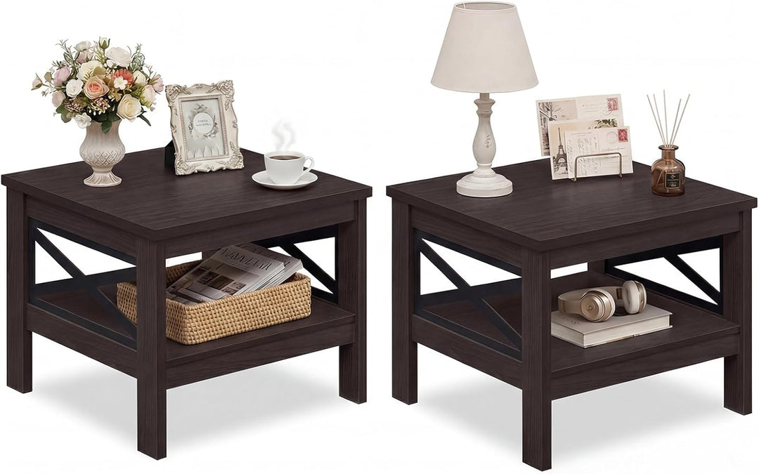 Giantex 2-Tier Square End Table with Storage Shelf &amp; X-Frame