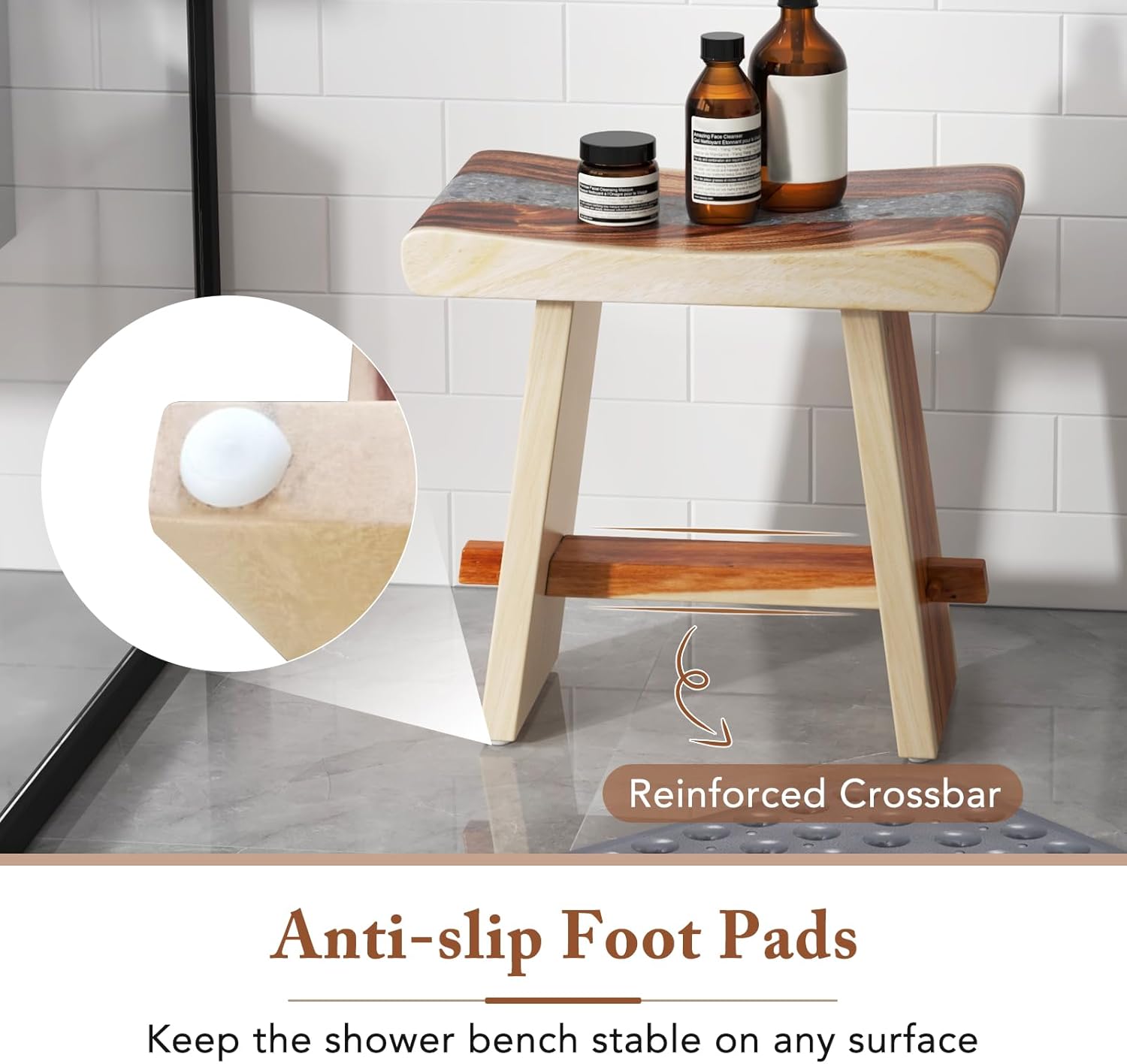 Giantex Teak Shower Bench, Fully Assembled Teak Shower Stool with Epoxy Resin Decoration and Curved Seat