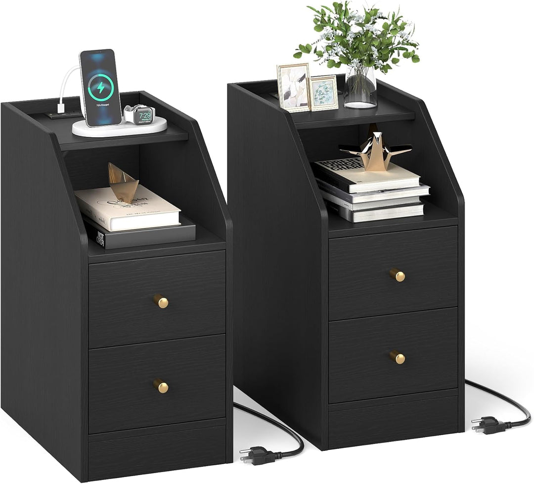 Giantex Side End Table with Charging Station Sofa Couch Table with Shelf Drawers