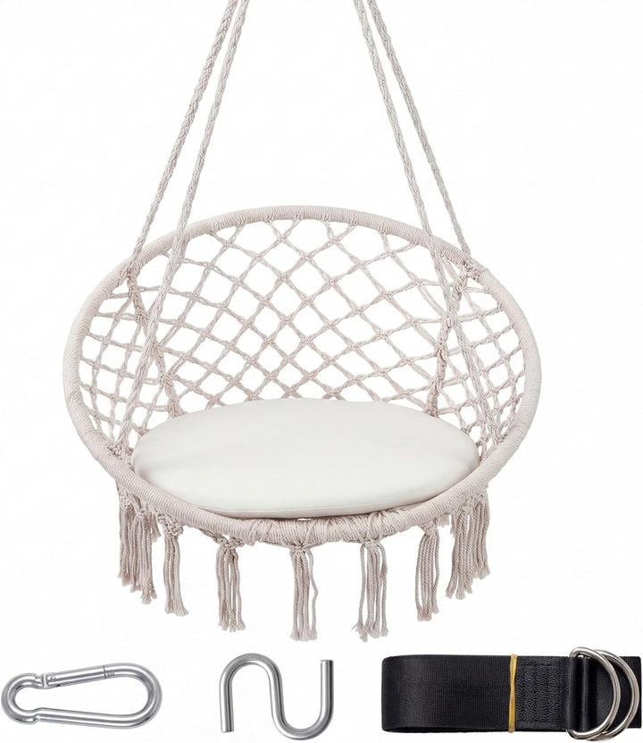 Giantex Hammock Chair Macrame Swing with Round Seat Cushion and Hardware Kit