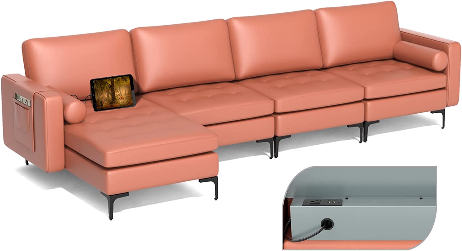 Giantex Sectional Sofa Couch, Convertible Sleeper with 2 or 1 USB Ports Socket