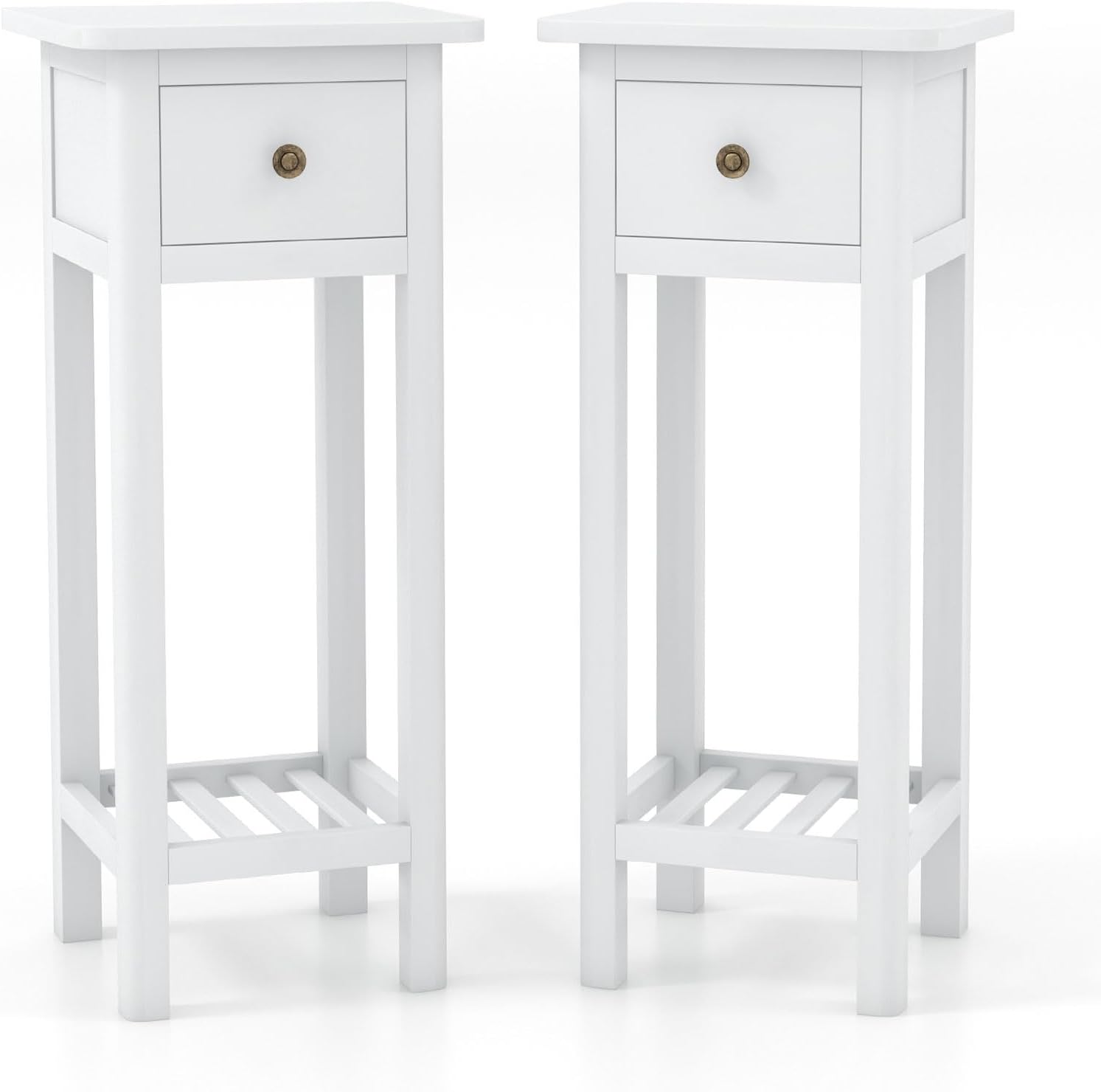 Giantex Narrow End Table with Drawer, Tall Acacia Wood Side Table with Bottom Shelf, Modern Bedside Tables