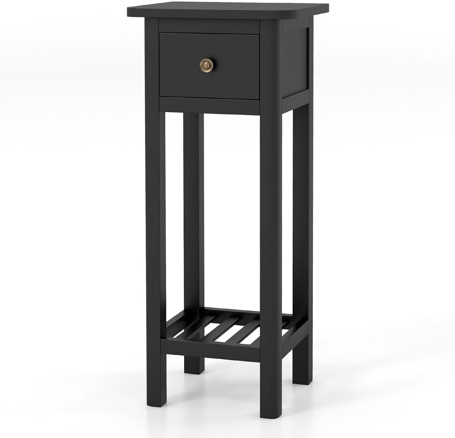 Giantex Narrow End Table with Drawer, Tall Acacia Wood Side Table with Bottom Shelf, Modern Bedside Tables