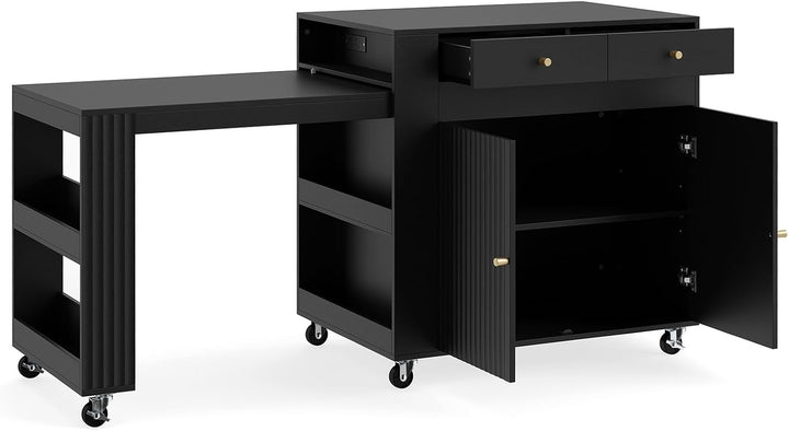 GIANTEX 72”-44.5” Extendable Kitchen Island with Storage, Power Outlet | Rolling Kitchen Island Table on Wheels w/Fluted Doors