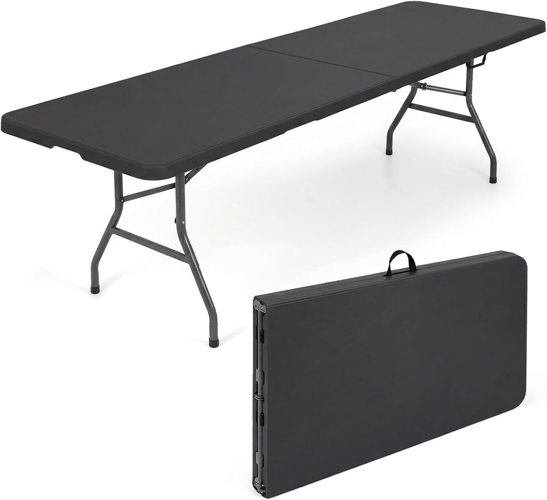 Giantex 8FT Folding Table | Heavy Duty Fold-in-Half Portable HDPE Plastic Table with Handle &amp; Locks