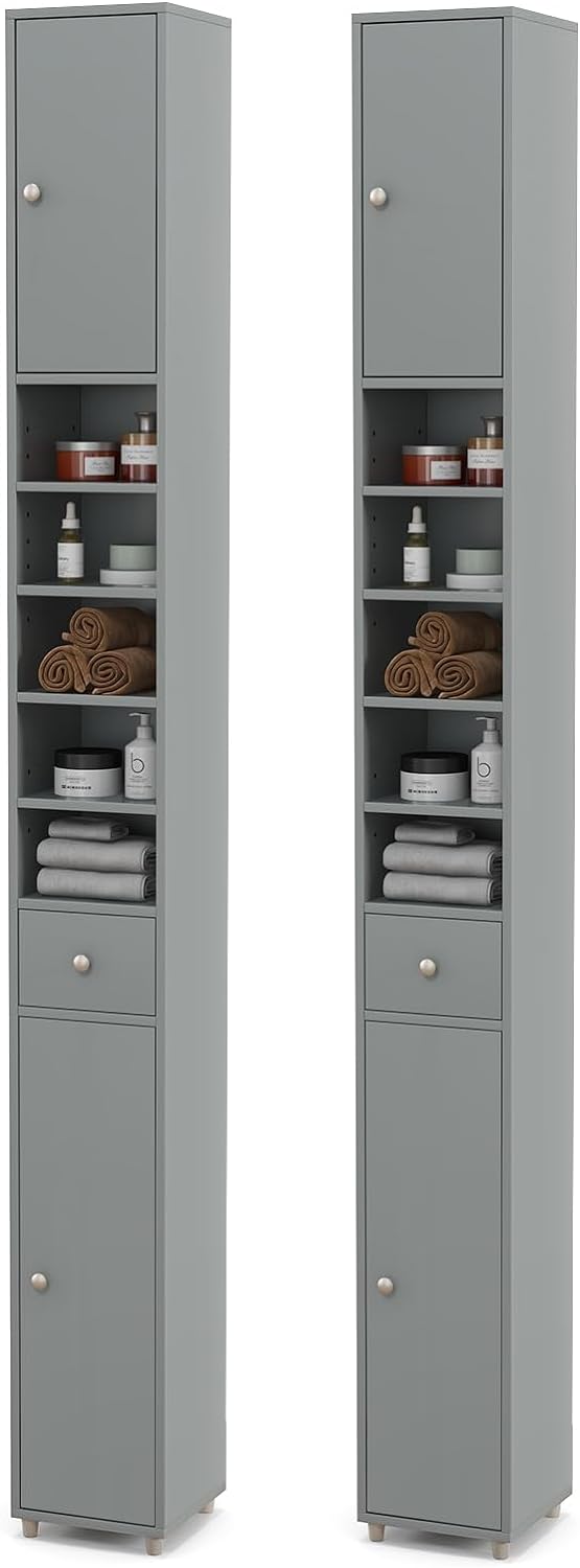 Giantex Slim Bathroom Storage Cabinet - 71" Tall Narrow Floor Cabinet Cupboard with 2 Doors, 5 Adjustable Shelves, 1 Drawer