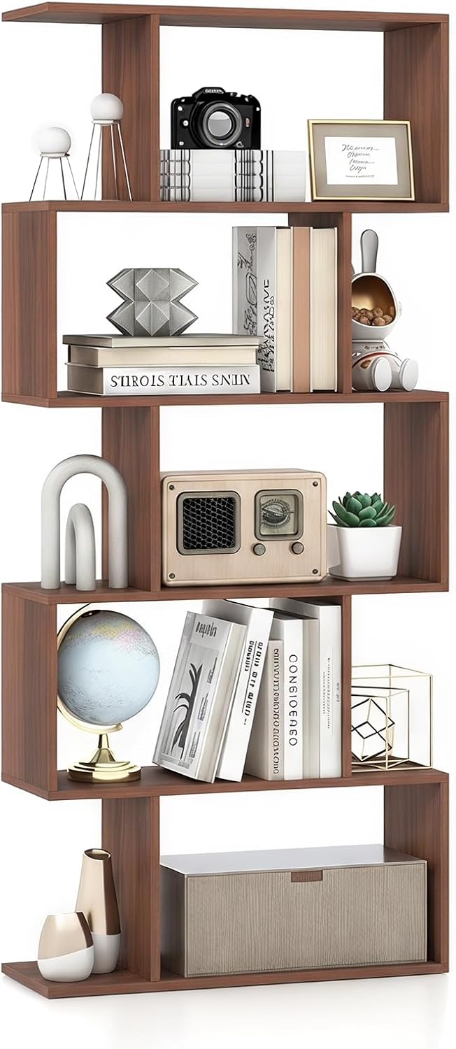 Giantex 5-Tier Geometric Bookshelf, 62.5" Tall Wood S-Shaped Bookcase with Anti-Tipping Device