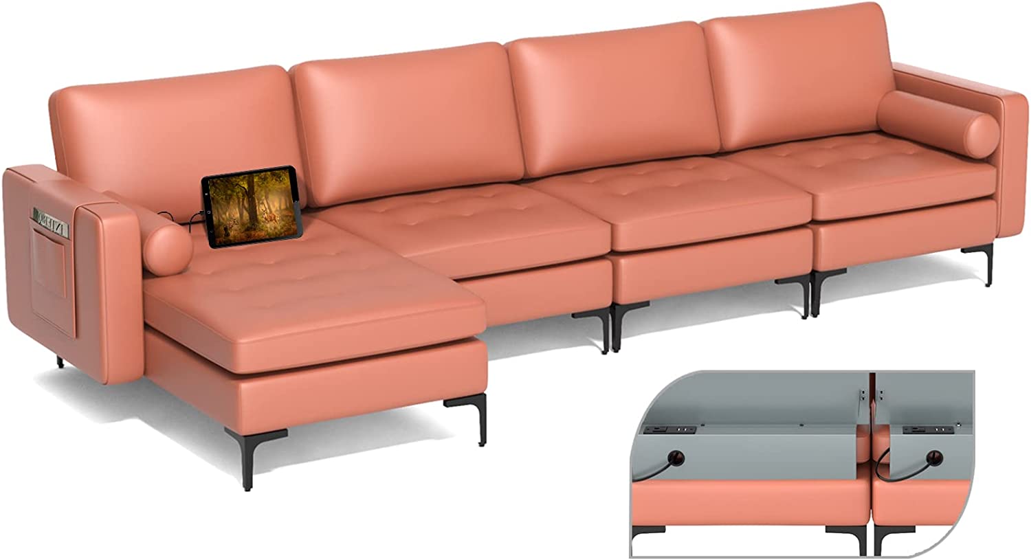 Giantex Sectional Sofa Couch, Convertible Sleeper with 2 or 1 USB Ports Socket