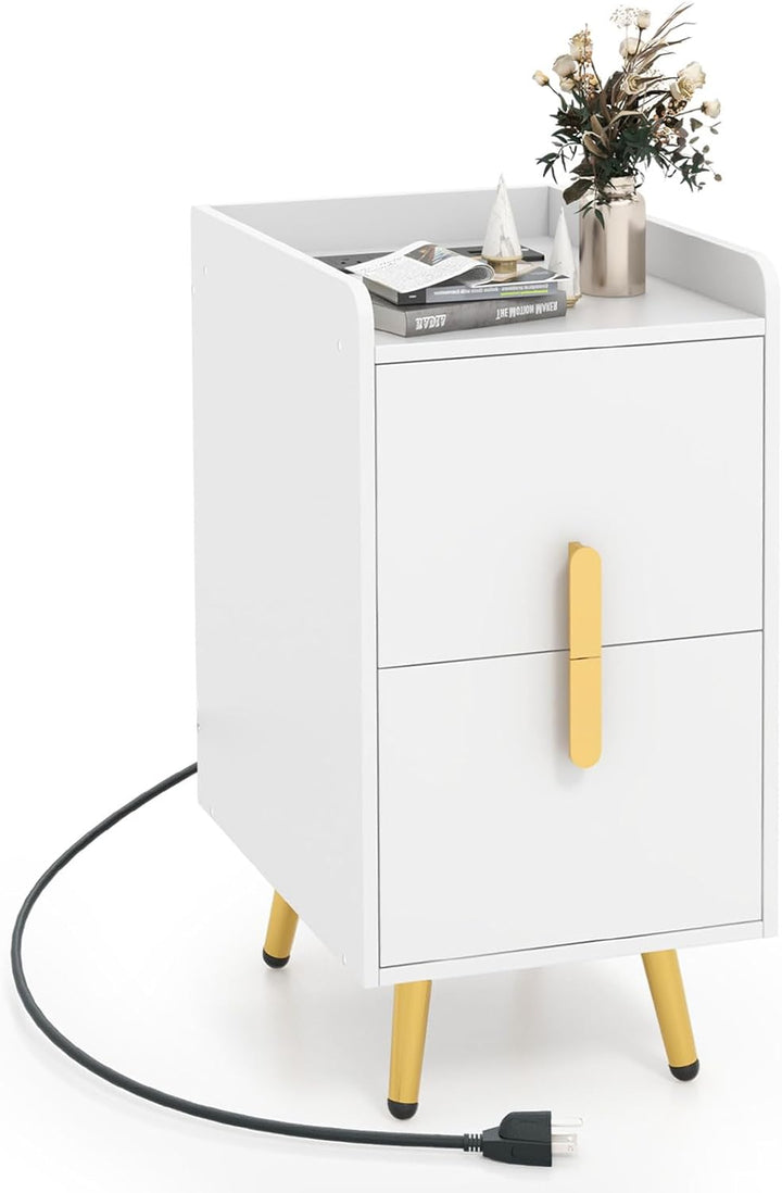Giantex Nightstand with Charging Station, Narrow End Table with 2 Drawers & Metal Gold Legs